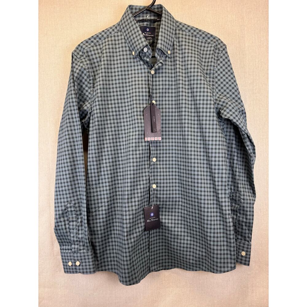 NWT‎ Ben Sherman Men's button-up Medium blue/green and gray check stretch